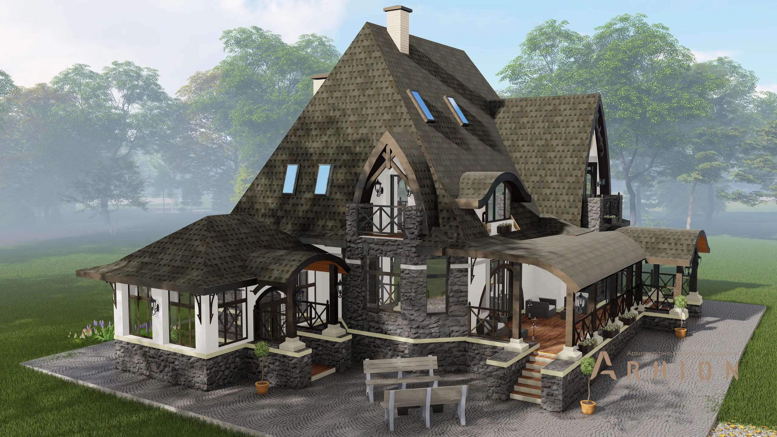 2. Проект двухэтажного дома в стиле модерн с многоскатной кровлей, H-1300, площадью - 301 кв c мансардой, терассой, эркером